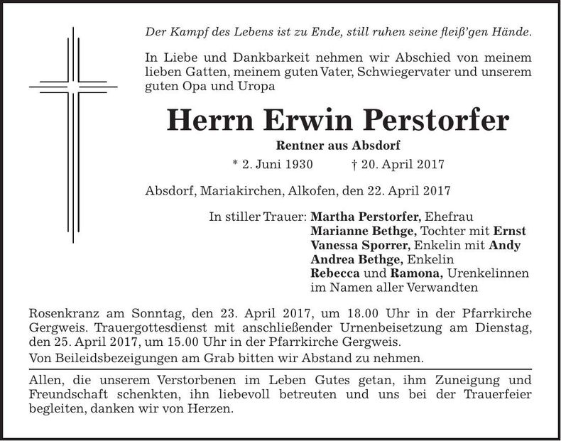Traueranzeige Erwin Perstorfer