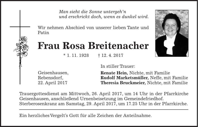 Traueranzeige Rosa Breitenacher