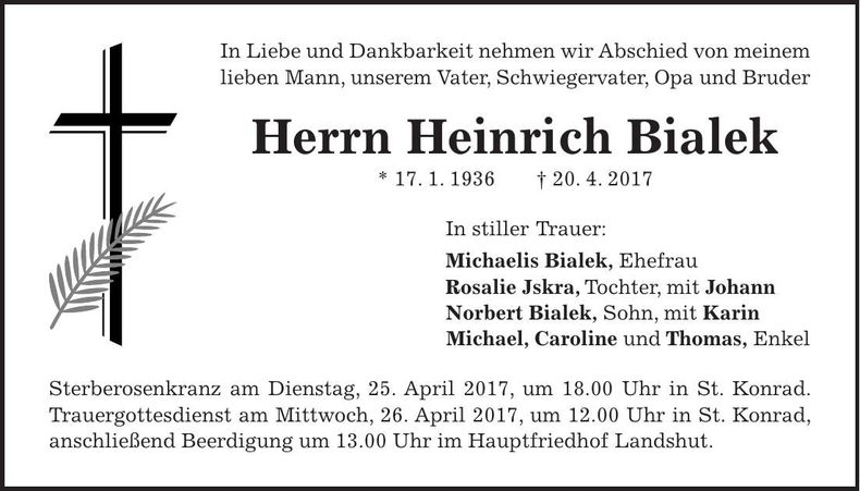 Traueranzeige Heinrich Bialek