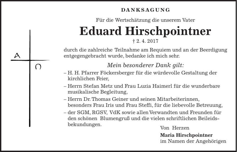 Traueranzeige Eduard Hirschpointner