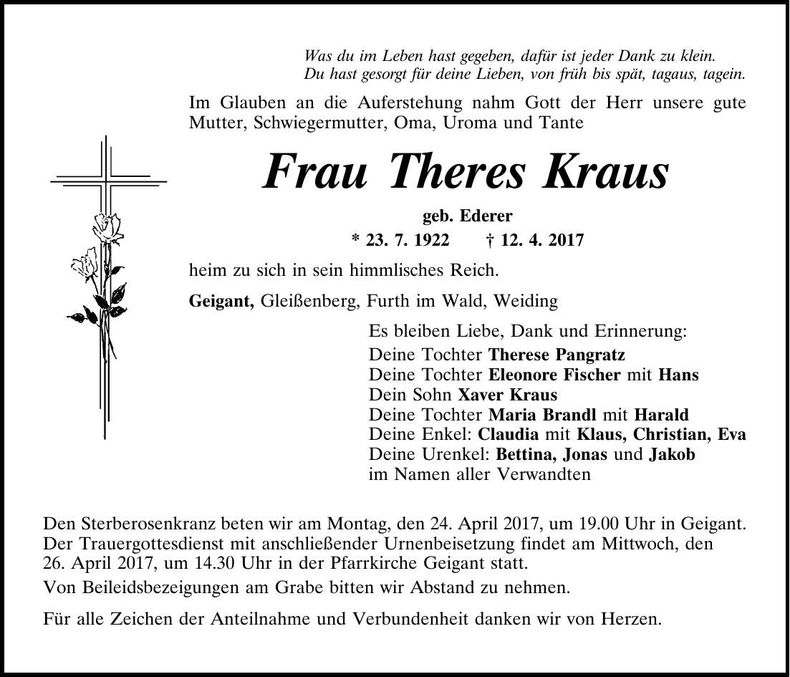 Traueranzeige Theres Kraus