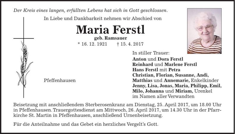 Traueranzeige Maria Ferstl