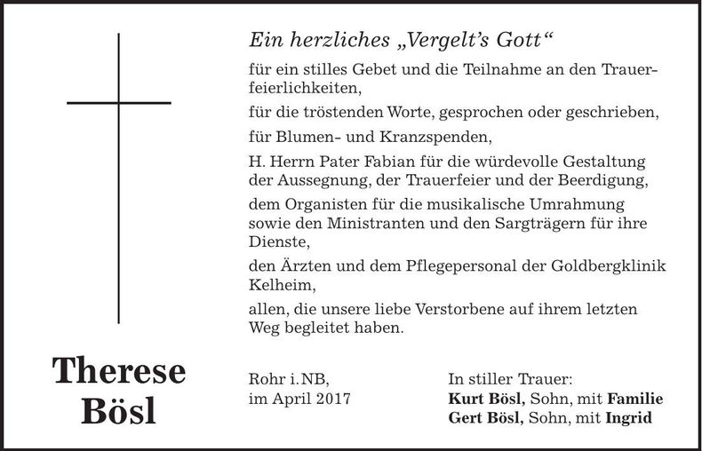 Traueranzeige Therese Bösl