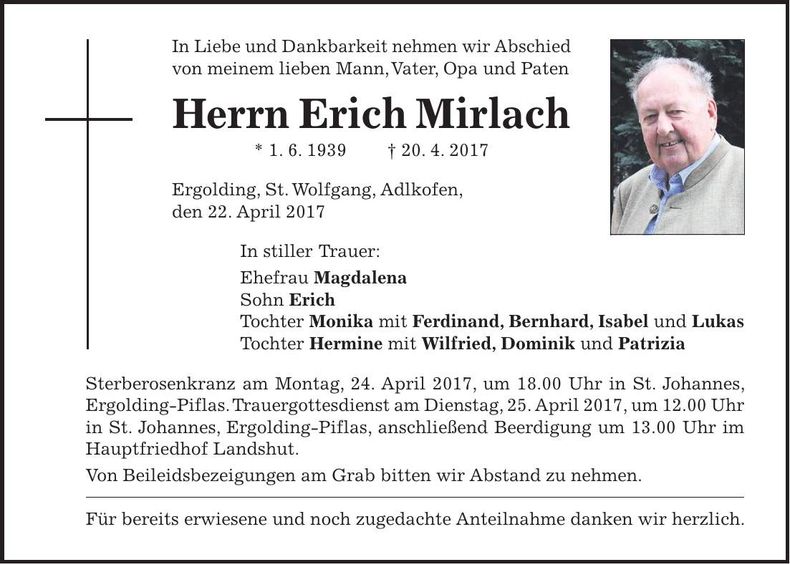 Traueranzeige Erich Mirlach