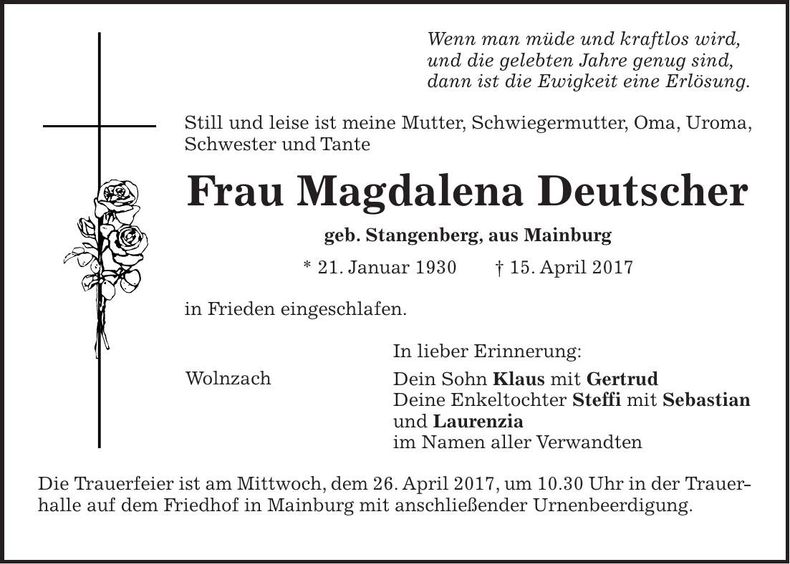 Traueranzeige Magdalena Deutscher