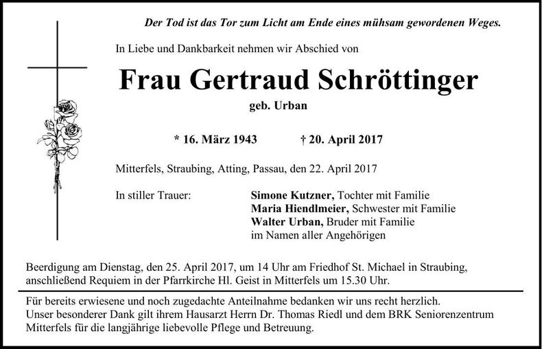 Traueranzeige Gertraud Schröttinger