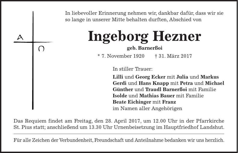Traueranzeige Ingeborg Hezner