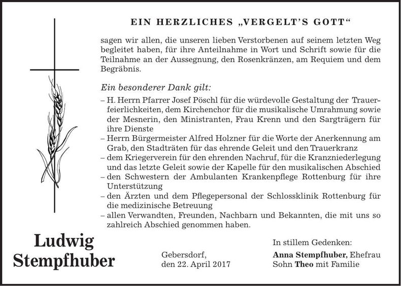 Traueranzeige Ludwig Stempfhuber