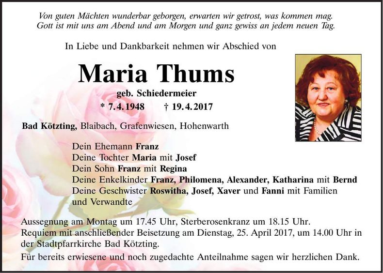 Traueranzeige Maria Thums