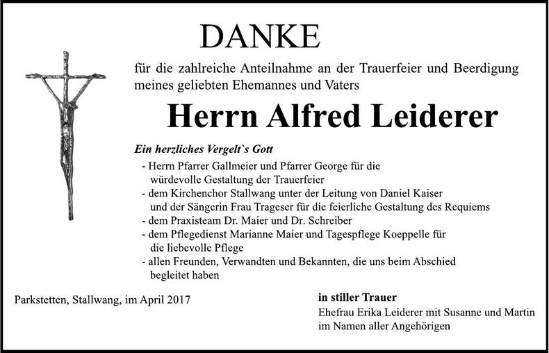 Traueranzeige Alfred Leiderer