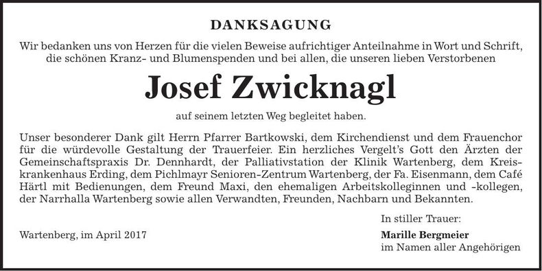 Traueranzeige Josef Zwicknagl
