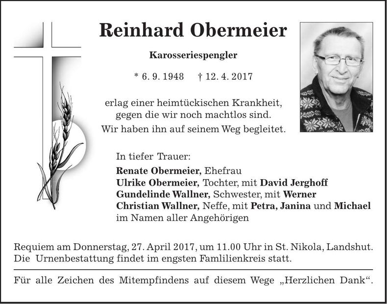 Traueranzeige Reinhard Obermeier