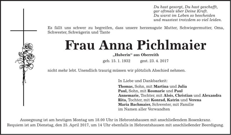 Traueranzeige Anna Pichlmaier