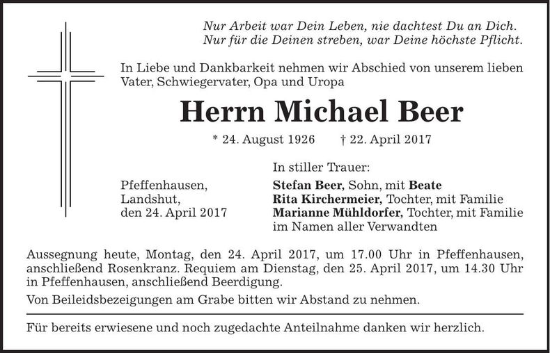 Traueranzeige Michael Beer