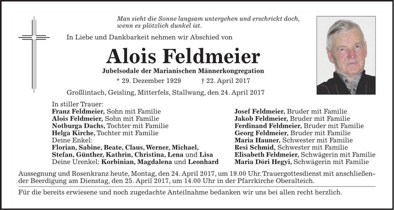 Traueranzeige Alois Feldmeier