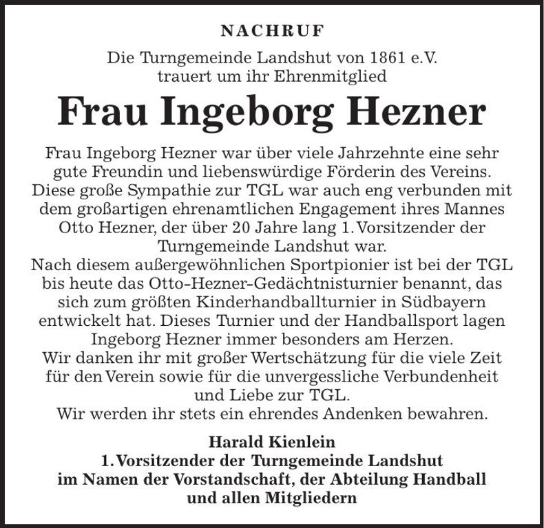 Traueranzeige Ingeborg Hezner