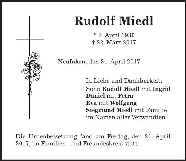 Traueranzeige Rudolf Miedl