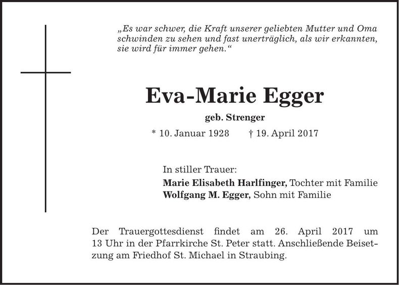 Traueranzeige Eva Maria Egger