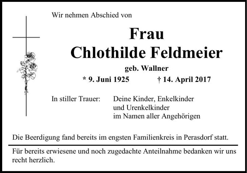 Traueranzeige Chlothilde Feldmeier