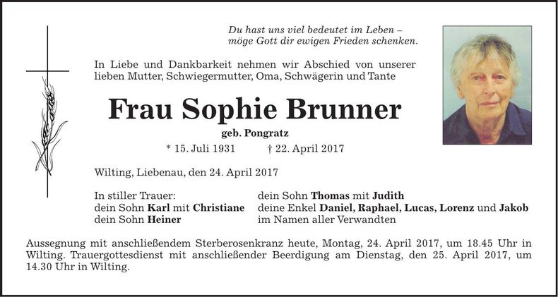 Traueranzeige Sophie Brunner