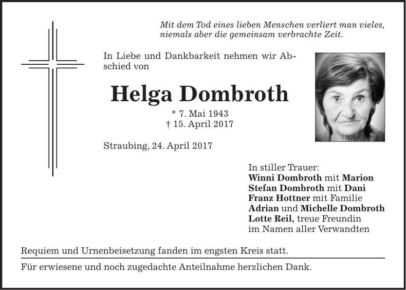Traueranzeige Helga Dombroth
