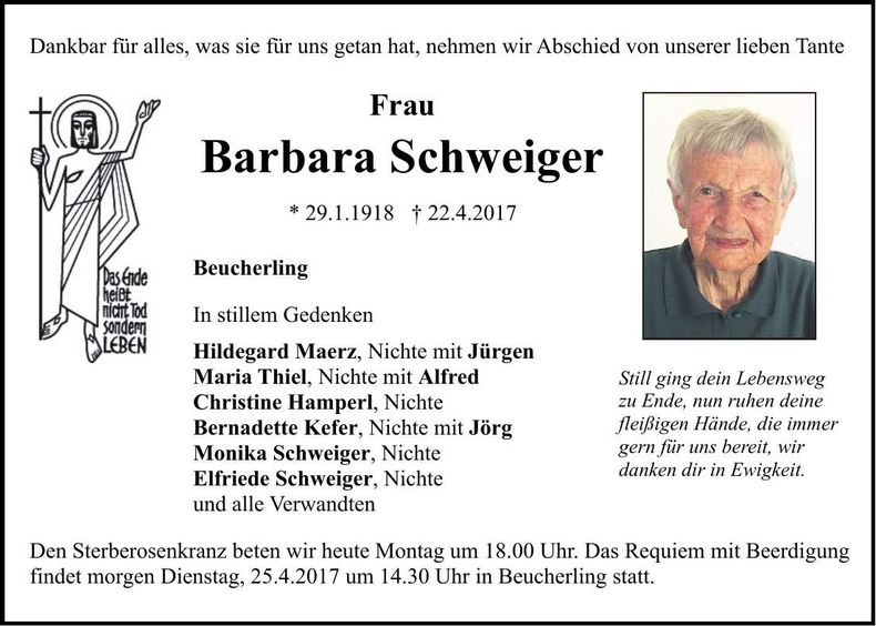 Traueranzeige Barbara Schweiger