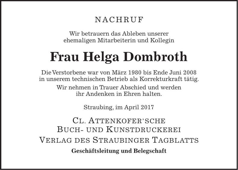 Traueranzeige Helga Dombroth