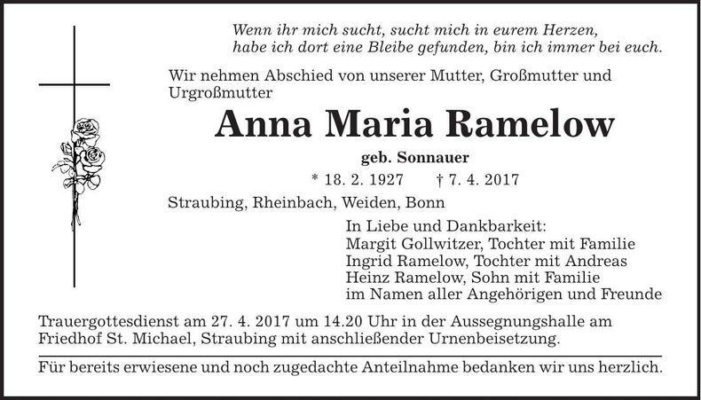 Traueranzeige Anna Maria Ramelow