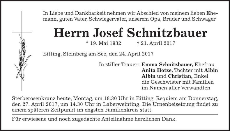 Traueranzeige Josef Schnitzbauer