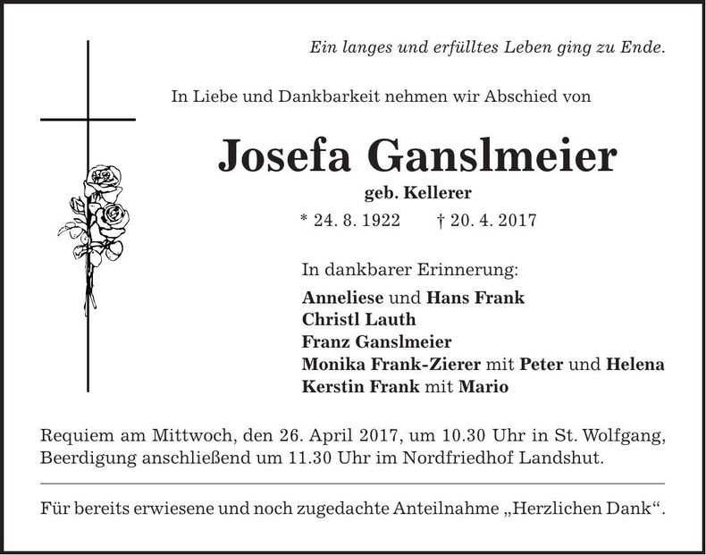 Traueranzeige Josefa Ganslmeier