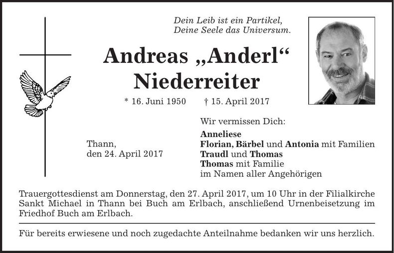 Traueranzeige Andreas Niederreiter