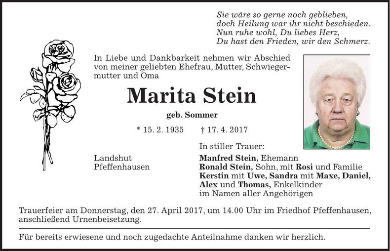 Traueranzeige Marita Stein