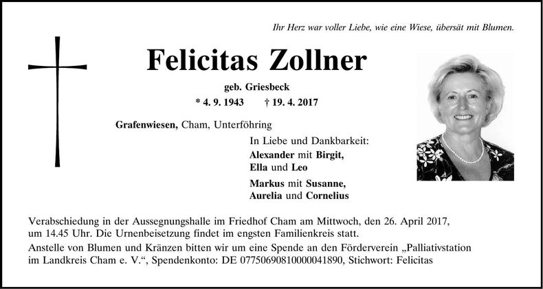 Traueranzeige Felicitas Zollner
