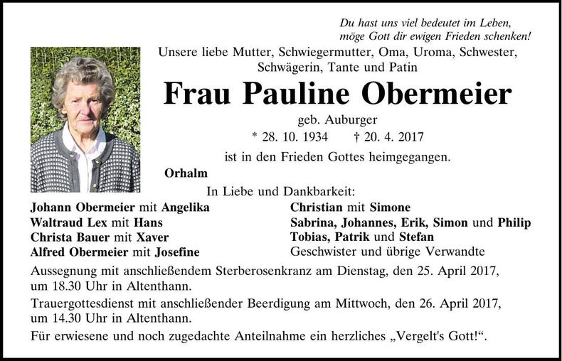 Traueranzeige Pauline Obermeier