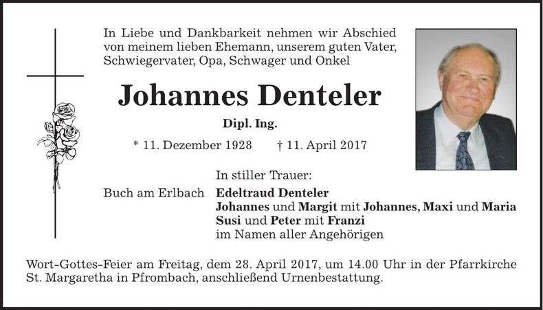 Traueranzeige Johannes Denteler