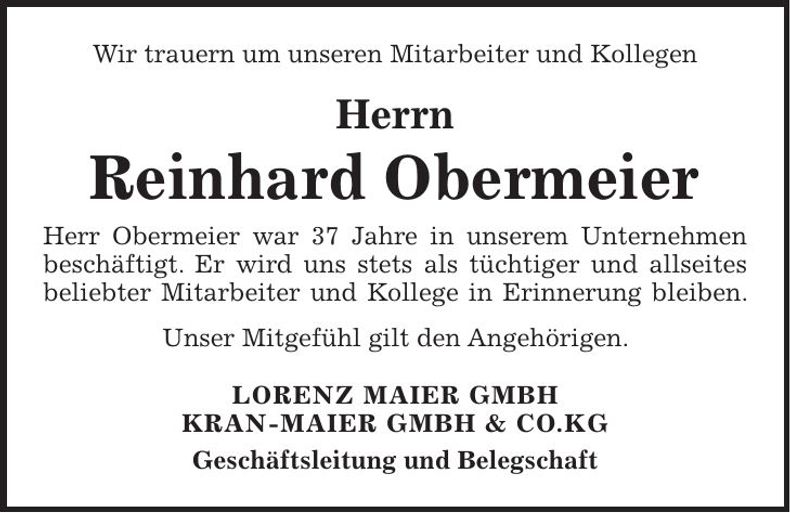 Traueranzeige Reinhard Obermeier