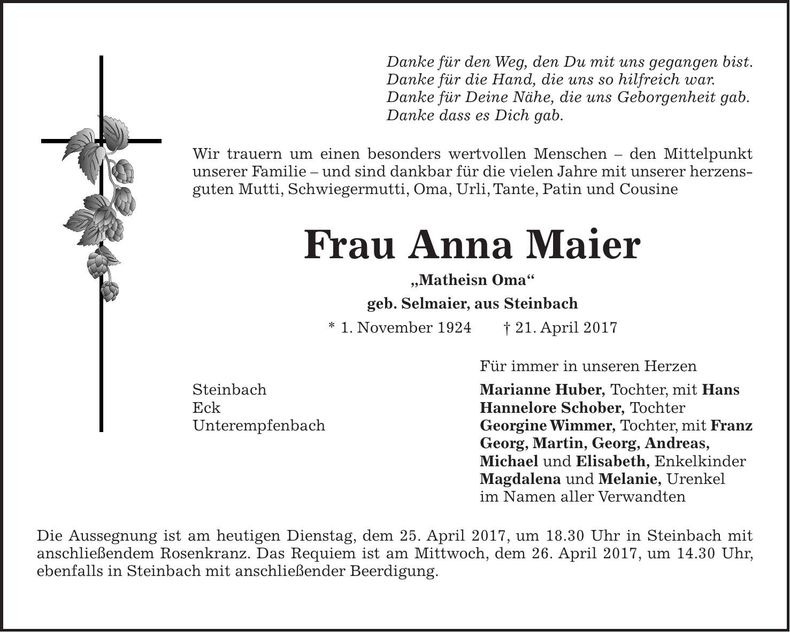 Traueranzeige Anna Maier