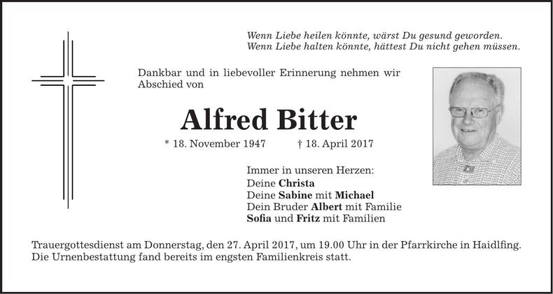 Traueranzeige Alfred Bitter
