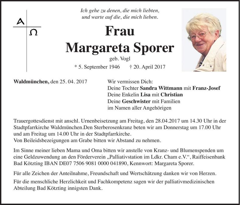 Traueranzeige Margareta Sporer