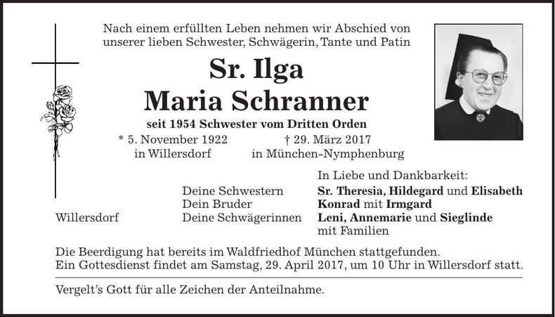 Traueranzeige Sr. Ilga Maria Schranner