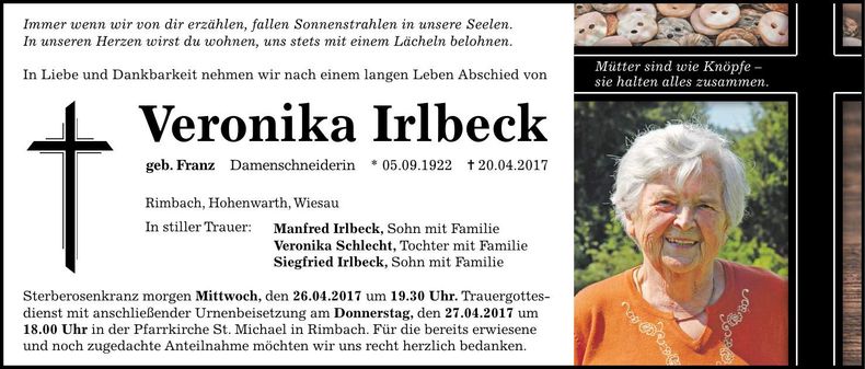 Traueranzeige Veronika Irlbeck