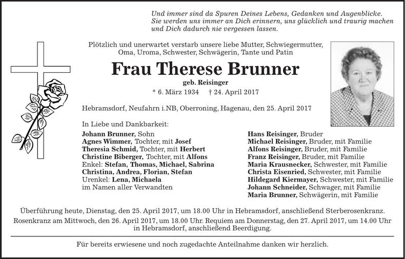 Traueranzeige Therese Brunner