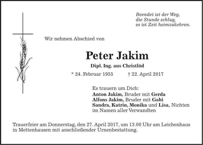 Traueranzeige Peter Jakim