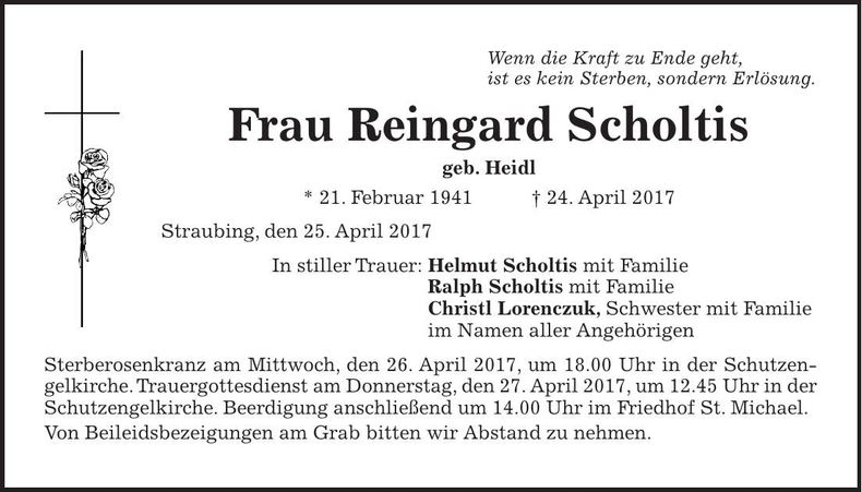Traueranzeige Reingard Scholtis