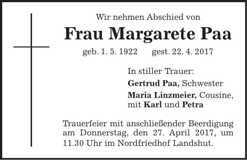 Traueranzeige Margarete Paa
