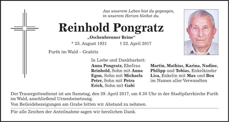Traueranzeige Reinhold Pongratz
