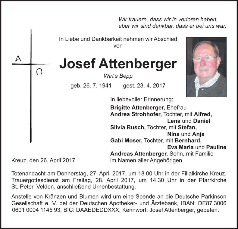 Traueranzeige Josef Attenberger