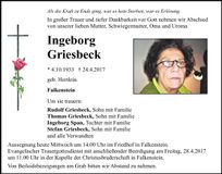 Traueranzeige Ingeborg Griesbeck