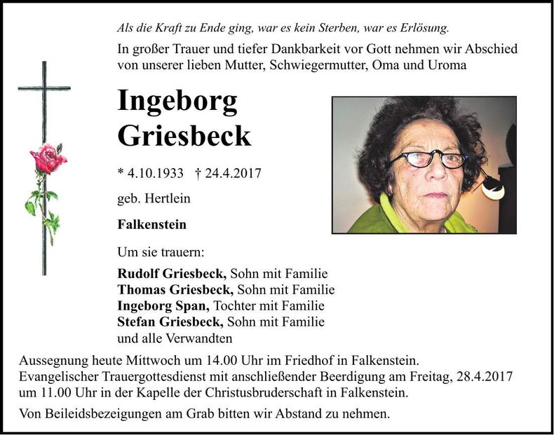 Traueranzeige Ingeborg Griesbeck