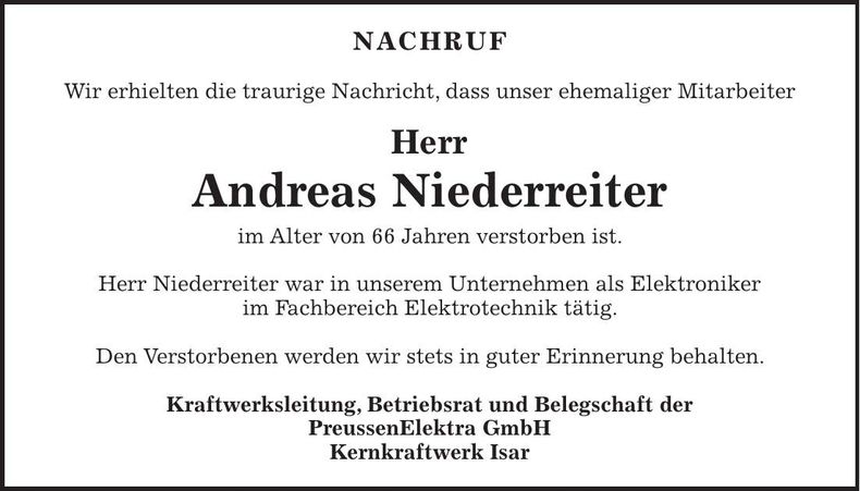 Traueranzeige Andreas Niederreiter